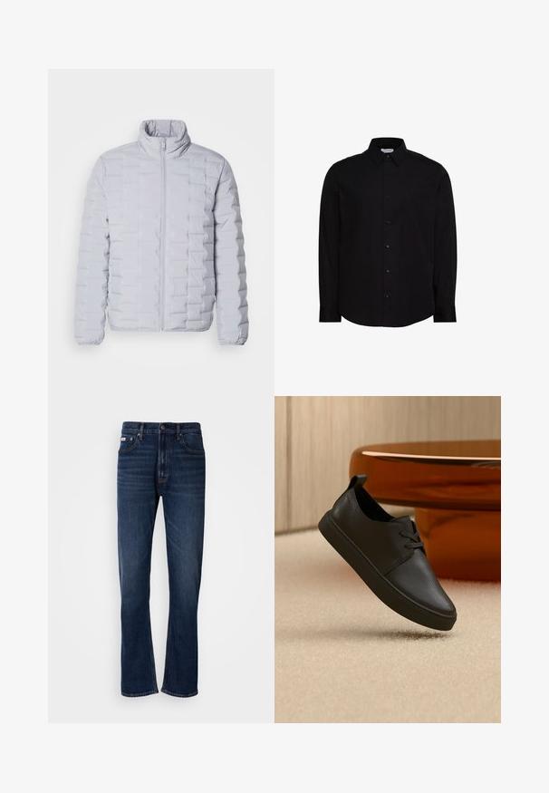 Veste doudoune gris clair avec un col haut, un motif matelassé horizontal, une fermeture éclair sur le devant et des poignets élastiques. Fabriquée à partir d'un matériau lisse et brillant.; Chemise noire à manches longues avec boutons, fabriquée en tissu lisse. Elle présente un col classique, une patte de boutonnage à l'avant, et un petit logo sur la poitrine.; Jean en denim bleu foncé avec une coupe droite, doté de cinq poches, d'un zip à l'avant et de coutures contrastées. Tissu texturé avec une finition lisse.; Baskets décontractées en cuir noir avec lacets, flottant au-dessus d'un tapis beige, avec une table en verre ambré arrondie en arrière-plan.