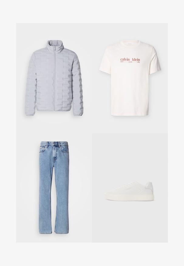 Chaqueta de plumas gris claro con un cuello alto, patrón de acolchado horizontal, cremallera frontal y puños elásticos. Fabricada con un material suave y brillante.; Camiseta blanca de algodón con texto rojo que dice "calvin klein new york city." Mangas cortas y cuello redondo.; Jeans de mezclilla azul claro con un diseño de pierna recta, cinco bolsillos y cierre de botón. Detalles de costura cerca de los bolsillos y la cintura.; Zapatilla blanca con parte superior de sintético suave, punta redonda y suela blanca plana. Presenta costuras tonales y un branding minimalista en el costado.