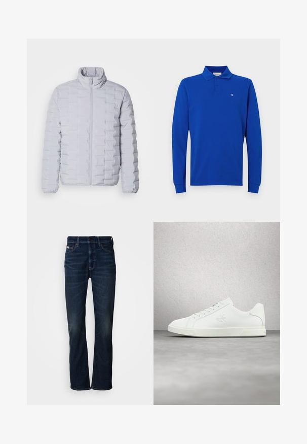 Chaqueta de plumas gris claro con un cuello alto, patrón de acolchado horizontal, cremallera frontal y puños elásticos. Fabricada con un material suave y brillante.; Polo de manga larga azul hecho de algodón, con un cuello de botones de dos y un pequeño logo bordado en el pecho. Textura suave.; Jeans de mezclilla azul oscuro con un diseño de pierna recta, que presentan un desgaste sutil, un cierre de botón y un estilo clásico de cinco bolsillos.; Zapatilla deportiva de cuero blanco con acabado suave, diseño con cordones, detalle del logo en el lateral y suela de goma blanca en contraste.