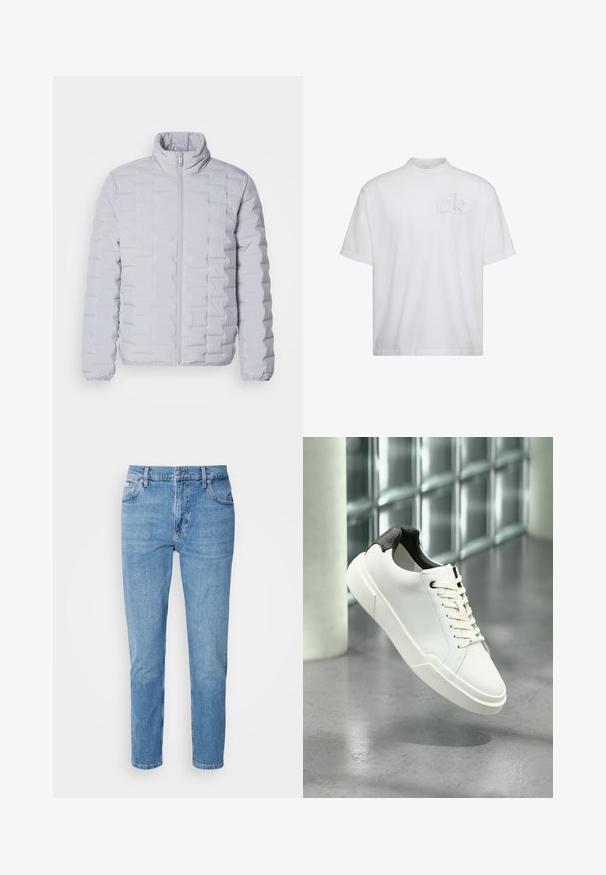 Chaqueta de plumas gris claro con un cuello alto, patrón de acolchado horizontal, cremallera frontal y puños elásticos. Fabricada con un material suave y brillante.; Camiseta blanca de manga corta con cuello alto simulado, con un sutil logo "ck" en relieve en el pecho izquierdo.; Vaqueros de mezclilla azul claro con corte recto, diseño de cinco bolsillos y un sutil desgastado. Presentan un cierre de botón y pasadores para cinturón.; Zapatilla blanca de perfil bajo con lengüeta del talón texturizada en negro, cordones blancos y suela gruesa sobre un suelo de cemento pulido cerca de bloques de vidrio.