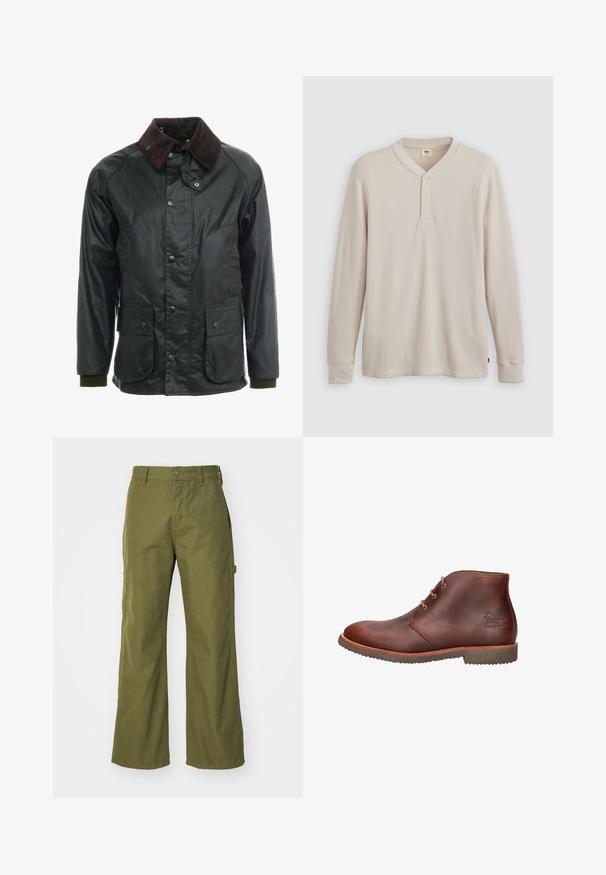 Donkergroene waterdichte jas met een bruine ribfluwelen kraag. Beschikt over drukknoopsluitingen, twee voorzakken en ribgebreide manchetten. Glad textuur.; Lange mouwen henley-shirt in lichtbeige ribbelstof, met een V-hals, een drieknoopsluiting en manchetten. Rode logo-label aan de onderkant.; Olijfgroene wijde broek van duurzaam materiaal, met een knoopsluiting, zijzakken en een rechte zoom.; Bruine leren enkellaars met drie oogjes voor veters, rubberen zool en een reliëflogo aan de zijkant.