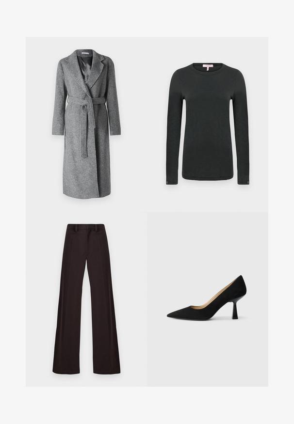 Grå uldomslagjakke med notched krave, lange ærmer og en stofbælte. Glat foring og mellemlang design for dækning.; rag & bone THE SLUB - Langærmet T-shirt - black; Breddebenede bukser lavet af mørkt stof, med en glat tekstur, bæltestropper og en midtersøm foran, samt et enkelt, udekoreret design.; Sorte ruskinds højhælede pumps med spids tå, der har en blank sort blokhæl og en glat indvendig foring.