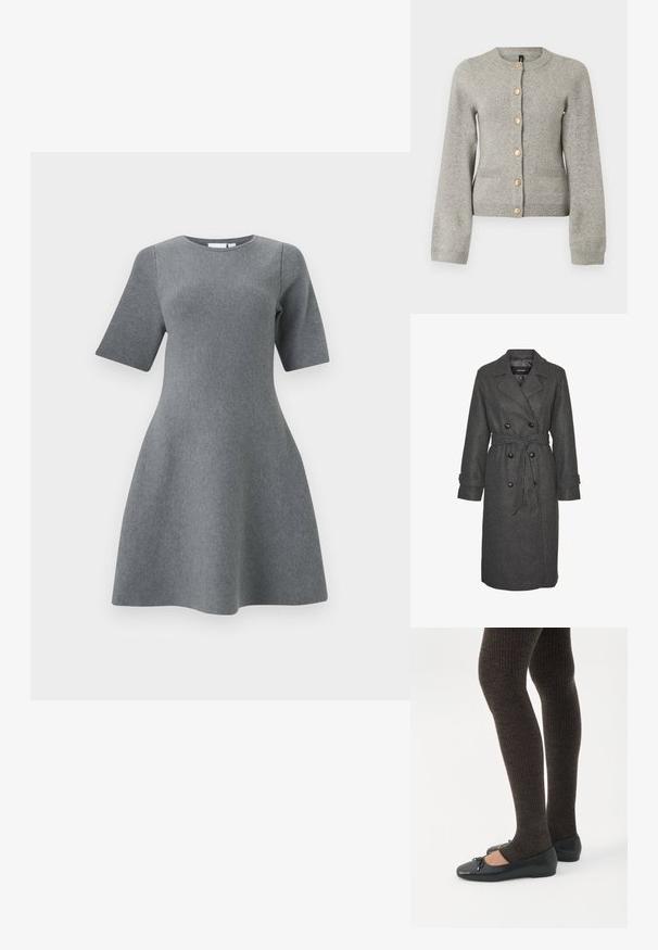 Grå uldblandingslang frakke med dobbeltradet design, store sorte knapper og et matchende bælte i taljen. Med notch-lapper.; Lys grå strikket cardigan med rund halsudskæring, lange ærmer og guldfarvede knapper ned foran. Har to forlommer.; Grå A-linje kjole med korte ærmer, rund halsudskæring og tekstureret strikket stof, designet til en tætsiddende overkrop og en udvidet nederdel.; Ben iført mørke ribbede leggings kombineret med sorte balletsko med små sløjfedetaljer på hvid baggrund.