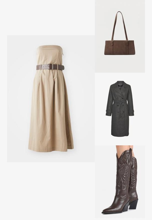 Grå uldblandingslang frakke med dobbeltradet design, store sorte knapper og et matchende bælte i taljen. Med notch-lapper.; Strapless beige maxi kjole med tætsiddende liv, samlet skirt og bred brun bælte med firkantet spænde. Lavet af letvægtigt stof.; Mørkebrune læder cowboystøvler til knæene med spidse tæer, dekorativ syning og skrå blokhæle, båret af en person.; Brun rektangulær skuldertaske med lange stropper og minimale syningsdetaljer på en ensfarvet baggrund.