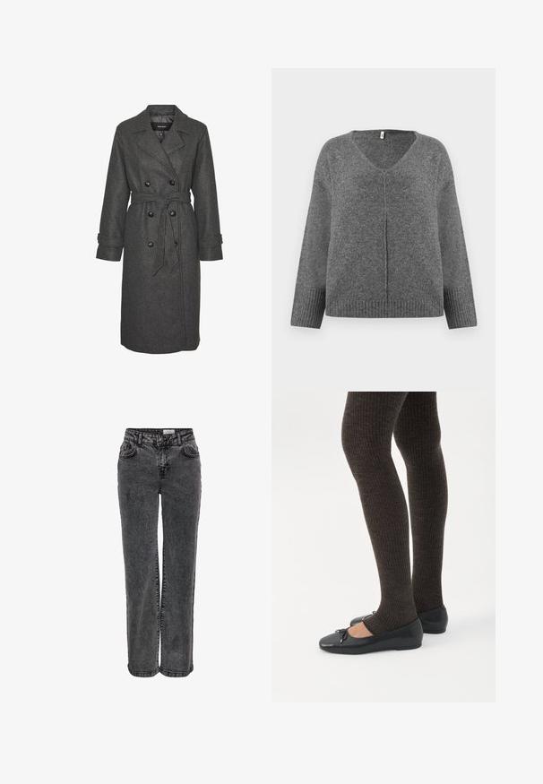 Grå uldblandingslang frakke med dobbeltradet design, store sorte knapper og et matchende bælte i taljen. Med notch-lapper.; Grå V-hals sweater med lange ærmer, lavet af blødt materiale. Har ribbet detaljering ved handsker og kant, med en løs og afslappet pasform.; Sorte denimjeans med lige ben, der har forlommer, bæltestropper og en subtil, falmet tekstur.; Ben iført mørke ribbede leggings kombineret med sorte balletsko med små sløjfedetaljer på hvid baggrund.