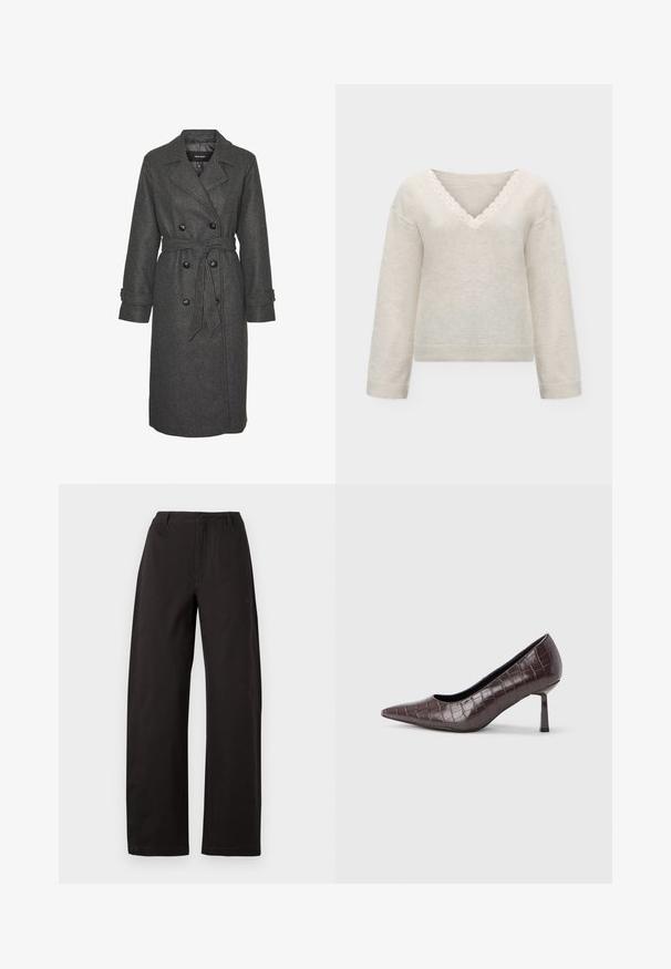 Manteau long en mélange de laine gris avec un design à double boutonnage, de grands boutons noirs et une ceinture assortie à la taille. Doté de revers crantés.; Pull beige clair à manches longues avec un col en V présentant une délicate bordure en dentelle et des poignets et un bas côtelés.; Pantalon large noir, avec une taille haute, une coupe droite et une texture lisse. Pas de motifs visibles ni de détails en métal.; Escarpins à bout pointu en similicuir marron avec une texture crocodile, dotés d’un talon fin et angulaire ainsi que d’une doublure intérieure lisse.