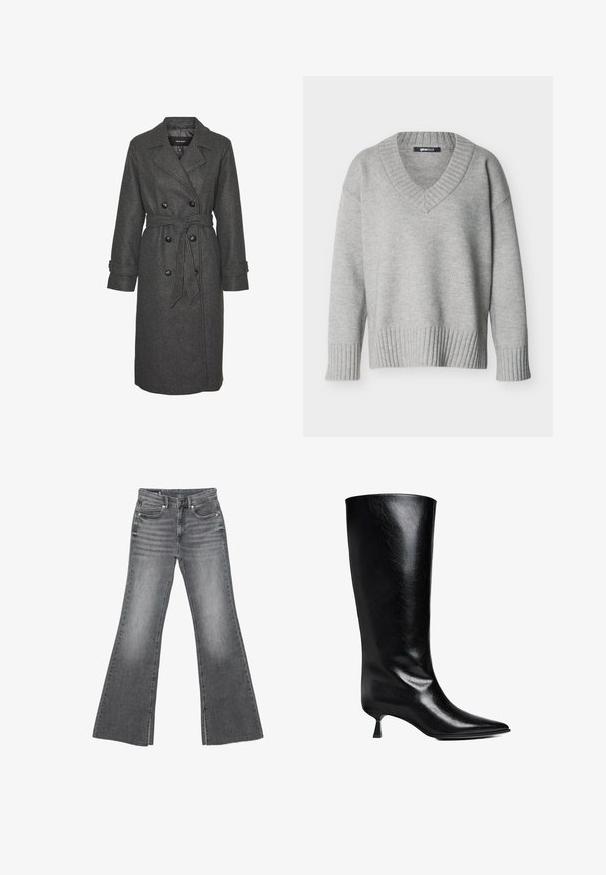 Manteau long en mélange de laine gris avec un design à double boutonnage, de grands boutons noirs et une ceinture assortie à la taille. Doté de revers crantés.; Pull en maille gris clair avec col en V, poignets et ourlet côtelés, présenté sur un fond blanc uni.; Jean en denim gris délavé avec taille haute, bouton à l'avant et fermeture éclair, doté de jambes évasées larges et de poches avant et arrière.; Boot en cuir noir, montant jusqu'au genou, avec un bout pointu, une silhouette élancée et un talon carré bas, le tout avec une finition brillante.