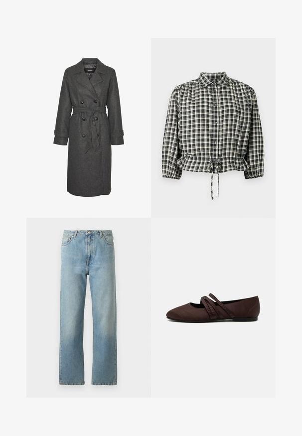 Grå uldblandingslang frakke med dobbeltradet design, store sorte knapper og et matchende bælte i taljen. Med notch-lapper.; Sort og cremefarvet ternet bluse med krave, knaplukning og elastisk talje med snøre. Lange ærmer med manchetter.; Lyseblå denimjeans med lige ben, der har en fem-lomme stil og en knaplukning i taljen.; Brun flad sko med spids tå og to tynde krydsende remme over vristen, synlige syningsdetaljer og en lav hæl.