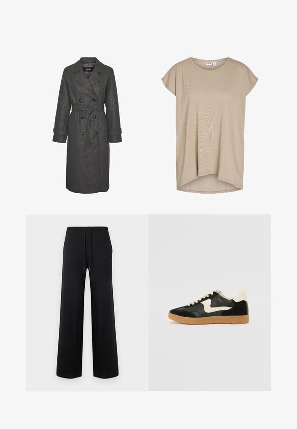 Grå uldblandingslang frakke med dobbeltradet design, store sorte knapper og et matchende bælte i taljen. Med notch-lapper.; Beige kortærmet loose-fit striktop med rund halsudskæring og let længere bagkant.; Sorte bukser med vide ben, elastisk talje og justerbar snor, vist fladt på en ensfarvet lys baggrund.; Sorte ruskinds- og lædersneakers med en cremefarvet side-swoosh og lys cremefarvet hæl. Har beige snørebånd og en gummirubber-sål.
