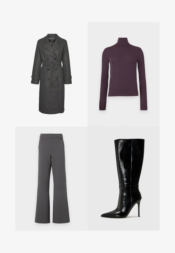 Grå uldblandingslang frakke med dobbeltradet design, store sorte knapper og et matchende bælte i taljen. Med notch-lapper.; Langærmet turtleneck top i dyb lilla, lavet af et glat, tætsiddende stof med ribbet tekstur og en høj krave.; Grå vide bukser lavet af blødt stof, med en glat talje og en subtil sying detalje øverst. Ingen synlige lommer.; Sorte læderknælange støvler med spids tå og høj stilettohæl. Glat tekstur og slank design, med minimalt detaljer.