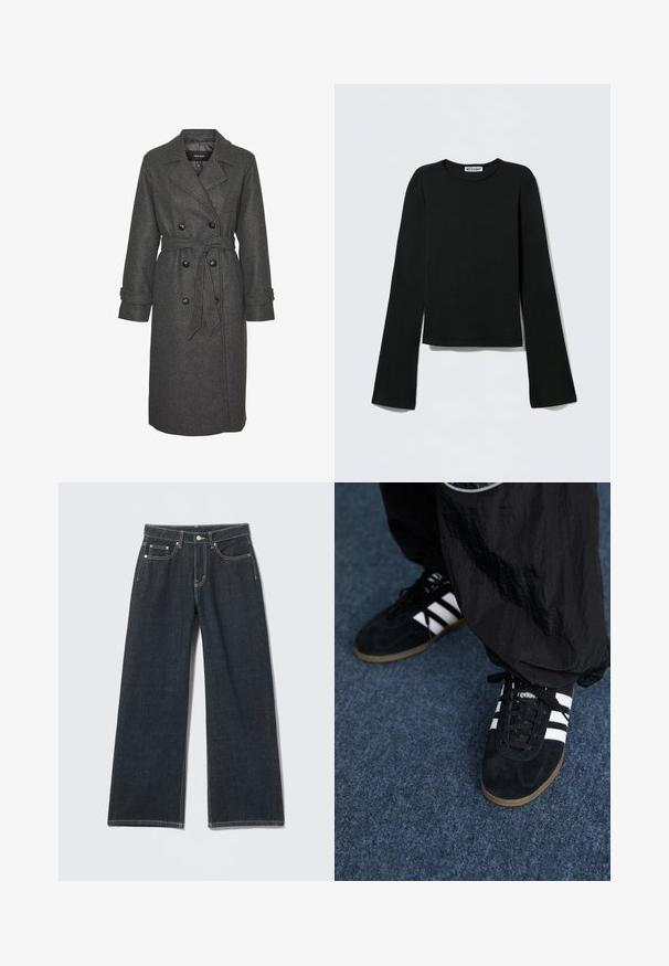 Grå uldblandingslang frakke med dobbeltradet design, store sorte knapper og et matchende bælte i taljen. Med notch-lapper.; Sort langærmet top lavet af blødt stof. Har rund halsudskæring og flared ærmer med cropped kant. Labelen siger "WEEKDAY."; Mørkeblå jeans med vide ben, foran med knapper, lynlås, bæltestropper og fem-lomme detalje på en ensfarvet lys baggrund.; Sorte suedetrainingssko med tre hvide striber og sorte snørebånd. Et tekstureret sort bukser er delvist synligt ved siden af skoene.