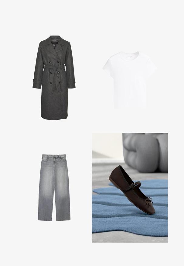 Grauer Wollmischung langer Mantel mit einem doppelt geknöpften Design, großen schwarzen Knöpfen und einem passenden Taillengürtel. Mit Reverskragen.; Schlichtes weißes kurzärmeliges Crop-T-Shirt mit rundem Ausschnitt, dargestellt vor weißem Hintergrund.; Graue Denim-Jeans mit weitem Bein und leicht ausgewaschenem Finish, ausgestattet mit fünf Taschen, einem frontalen Knopfverschluss und Gürtelschlaufen.; Dunkelbrauner Mary-Jane-Flachschuh mit Schnalle und Schleifendetail, der auf einem welligen, blauen strukturierten Teppich liegt, im Hintergrund ein graues Polstersofa.