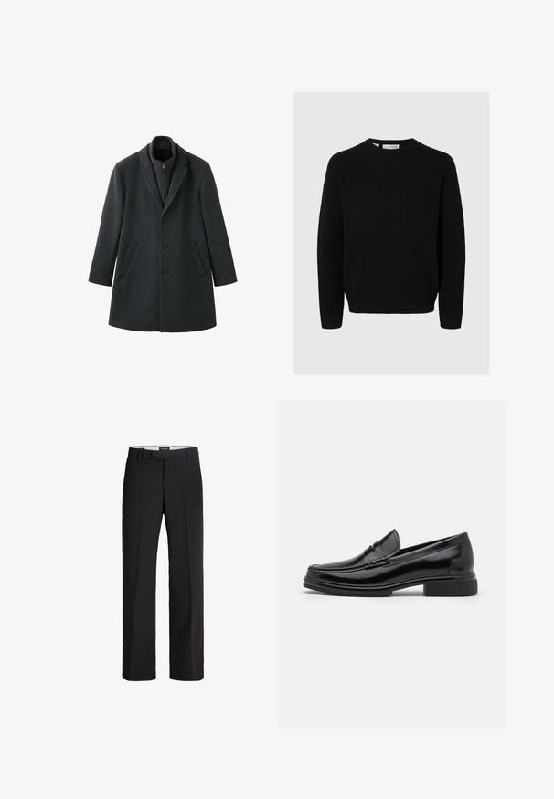 Manteau en laine gris foncé à la coupe structurée, avec des revers en cranté, trois boutons, des poches latérales et un col intérieur zippé.; Pull noir en tricot avec un encolure ronde, des manches longues et un ourlet côtelé. La texture est uniforme sur tout le tissu.; Pantalon noir avec une coupe ajustée ; présente un devant lisse, deux poches latérales et une texture douce ; fabriqué à partir d'un matériau léger et respirant.; Mocassins en cuir noir avec un embout arrondi, présentant un détail cousu sur le dessus, et un petit talon carré. Texture lisse et finition brillante.
