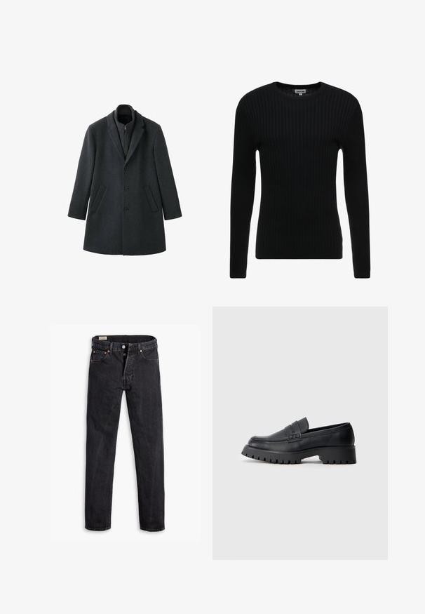 Manteau en laine gris foncé à la coupe structurée, avec des revers en cranté, trois boutons, des poches latérales et un col intérieur zippé.; Pull noir à manches longues en côte avec un col rond ; le tissu texturé présente des lignes verticales ; silhouette ajustée ; sans embellissements ni accents visibles.; Jean noir taille haute à jambe droite avec braguette à boutons et design à cinq poches, étalé à plat sur fond blanc.; Mocassins en cuir noir avec un bout arrondi, présentant une sangle décorative et une semelle en caoutchouc épaisse avec de profonds crampons pour une meilleure adhérence.