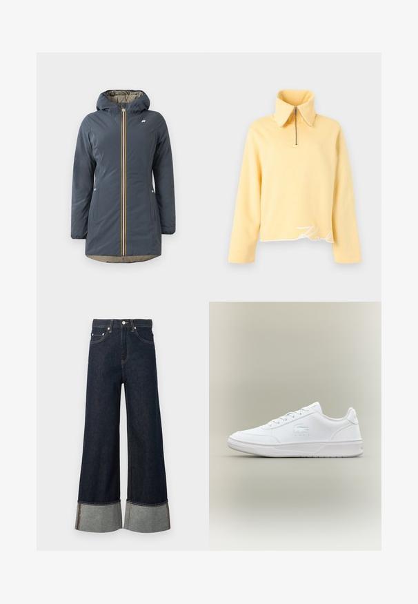 Marineblauwe geïsoleerde jas met een capuchon, voorrits en kleurrijke gestreepte accenten. Bevat zijzakken en een beige voering.; Gele pullover met ritssluiting, brede kraag, lange mouwen en een korte zoom. Voorzien van de geborduurde witte tekst "Karl" aan de onderkant.; Donkerblauwe denim jeans met wijde pijpen en opgerolde zomen die een lichtere binnenstof tonen en zilveren knoopsluiting.; Witte sneaker met een gladde materiaal, ronde neus, vetersluiting, subtiele logo-detail aan de zijkant en een gestructureerde zool.