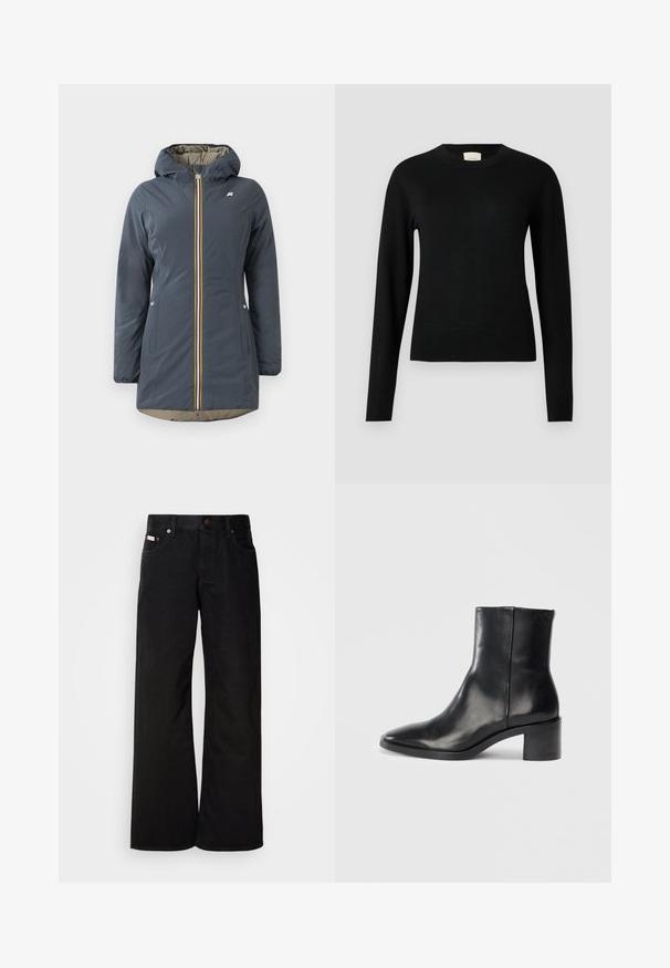 Marineblå isoleret jakke med hætte, frontlynlås og farverig stribet accent. Har sidelommer og en beige foring.; Sort strikket sweater med rund halsudskæring, lange ærmer og en slank pasform, der har en glat struktur og minimal detaljer.; Sorte breddebenede jeans lavet af bomuld. Har forlommer, en knaplukning og en klassisk denimtekstur. Minimalistisk design uden mønstre.; Sorte læderankelstøvle med spids tå, lav blokhæl og subtilt præget logo. Glat tekstur med et elegant design og minimal søm.
