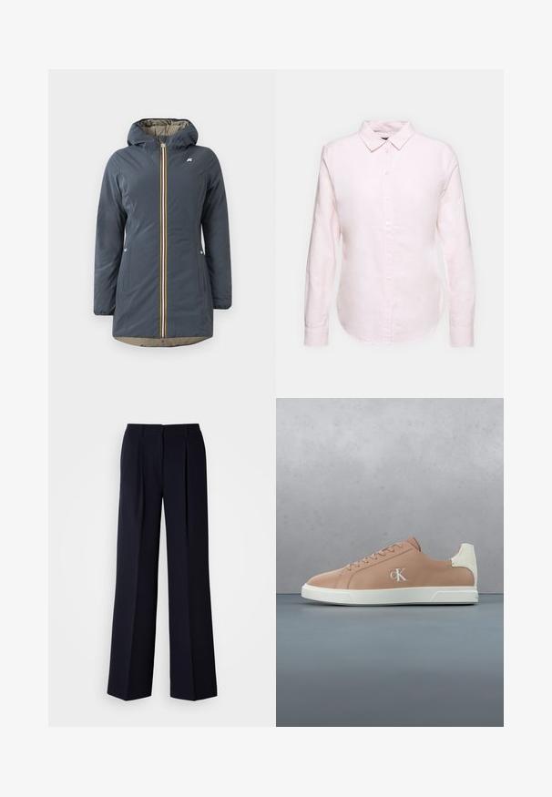 Marineblauwe geïsoleerde jas met een capuchon, voorrits en kleurrijke gestreepte accenten. Bevat zijzakken en een beige voering.; Lichtroze overhemd met lange mouwen en een button-down kraag, met een rechte zoom en een zachte textuur, gemaakt van lichtgewicht katoen.; Marineblauwe wijde broekspijpen met plooien, vervaardigd uit gladde stof. Voorzien van een getailleerde tailleband en een gestroomlijnde silhouet.; Lichtroze leren sneaker met witte hiel. Voorzien van platte veters, een ronde neus en een subtiel logo aan de zijkant. Gestructureerde buitenzool zichtbaar.