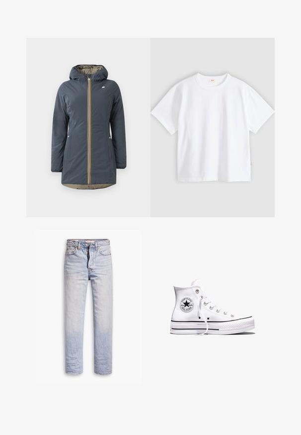 Marineblauwe geïsoleerde jas met een capuchon, voorrits en kleurrijke gestreepte accenten. Bevat zijzakken en een beige voering.; Wit katoenen t-shirt met korte mouwen, ronde hals, losse pasvorm, gladde textuur en een klein logolabel aan de linker zijnnaad.; Lichtblauwe denim jeans met een straight leg ontwerp, voorzien van een knoopgulp, vijf zakken en subtiele vervaging langs de benen.; Witte Converse Chuck Taylor All Star sneaker met hoge schacht, zwarte strepen en logo-patch aan de zijkant, weergegeven tegen een effen witte achtergrond.