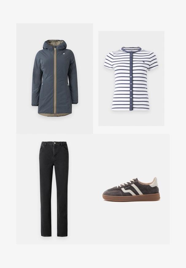 Marineblauwe geïsoleerde jas met een capuchon, voorrits en kleurrijke gestreepte accenten. Bevat zijzakken en een beige voering.; Wit overhemd met korte mouwen en marineblauwe horizontale strepen, marineblauwe knoopsluiting, ronde halslijn en klein dierenlogo op de borst.; Zwarte denim jeans met een hoge taille, rechte pijpen, vijf zakken en voorzien van een knoopsluiting met metalen hardware.; Enkele donkergrijze sneaker met witte leren accenten, getextureerde zijkanten, witte veters en een bruine rubberen zool, in profiel weergegeven tegen een effen achtergrond.
