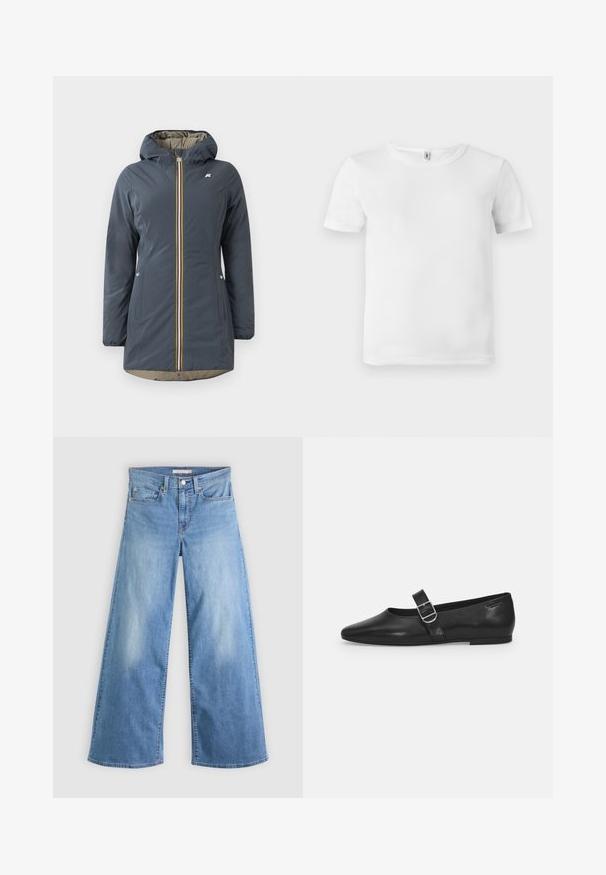 Marineblauwe geïsoleerde jas met een capuchon, voorrits en kleurrijke gestreepte accenten. Bevat zijzakken en een beige voering.; Witte t-shirt met korte mouwen en een geribde textuur. Klassieke ronde hals, geen zichtbare logo's of patronen, en een eenvoudig, strak ontwerp.; Lichtblauwe wijde spijkerbroek gemaakt van denim, met een hoge taille, een ritssluiting en knoopsluiting aan de voorkant, en het klassieke ontwerp met vijf zakken.; Zwarte leren platte schoen met een ronde neus, een enkele verstelbare gespsluiting en een gladde, glanzende textuur. Minimalistisch ontwerp met een lage hak.