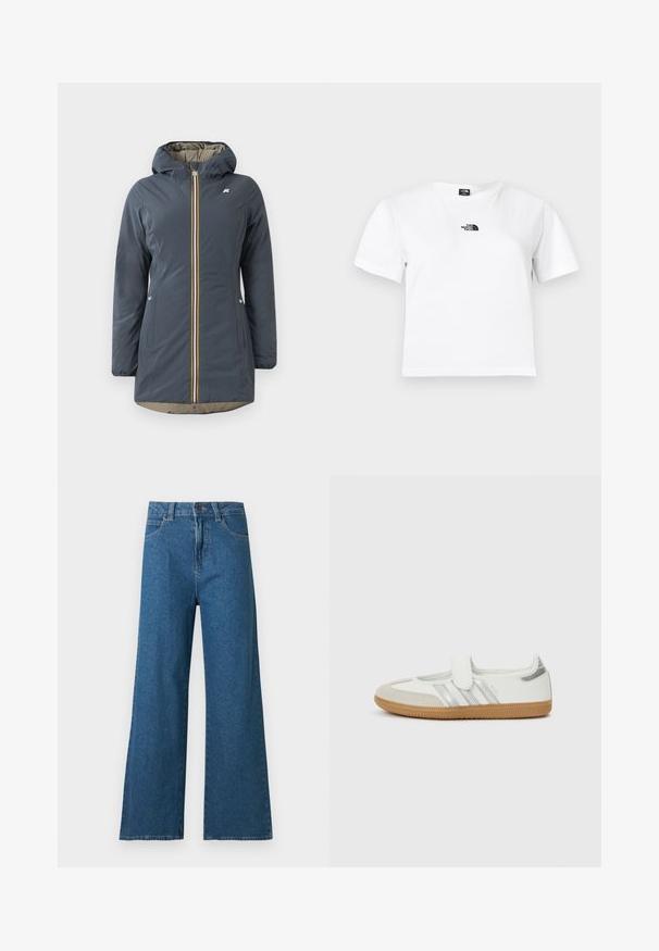 Marineblå isoleret jakke med hætte, frontlynlås og farverig stribet accent. Har sidelommer og en beige foring.; Hvid bomulds t-shirt med korte ærmer, rund hals og et sort The North Face-logo på brystet. Enkel, udekoreret design.; Blå vidde bukser i denim med foran knap, lynlås og klassisk design med fem lommer på hvid baggrund.; Hvid sneaker med sølvstriber, ruskindsspids og velcrolukning. Sål af tekstureret gummimateriale. Minimalistisk design med glat finish.