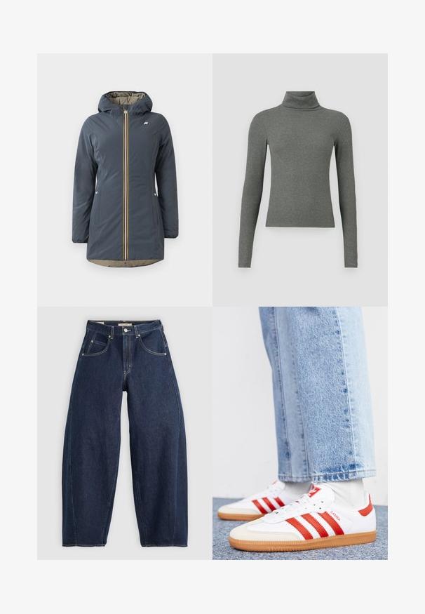 Marineblå isoleret jakke med hætte, frontlynlås og farverig stribet accent. Har sidelommer og en beige foring.; Grå langærmet turtleneck-top lavet af blødt ribbet materiale, med en tætsiddende pasform og høj krave.; Mørkeblå denim jeans med løs pasform, lyse syninger, fem lommer og en knaplukning ved taljen.; Hvide lædersneakers med røde striber og accenter. Har en tekstureret gummisål og polstret krave. Bæres med lyseblå denim.