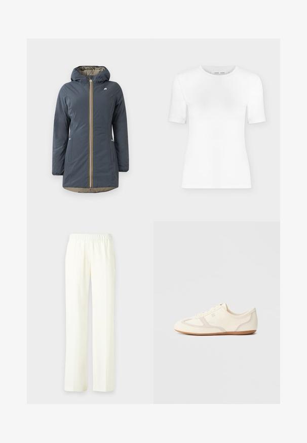 Marineblauwe geïsoleerde jas met een capuchon, voorrits en kleurrijke gestreepte accenten. Bevat zijzakken en een beige voering.; Wit T-shirt met korte mouwen en een ronde hals, een slanke pasvorm en geribbelde stof, weergegeven op een effen lichtgrijze achtergrond.; Lichtcrème, wijde broek met een elastische tailleband voor comfort. Gladde stof met een vloeiende snit; geen zichtbaar patroon of accenten.; Crème-witte sneakers met een bovenwerk van suède en stof, een afgeronde neus en een rubberen zool met een beige accentdetail. Vetersluiting.