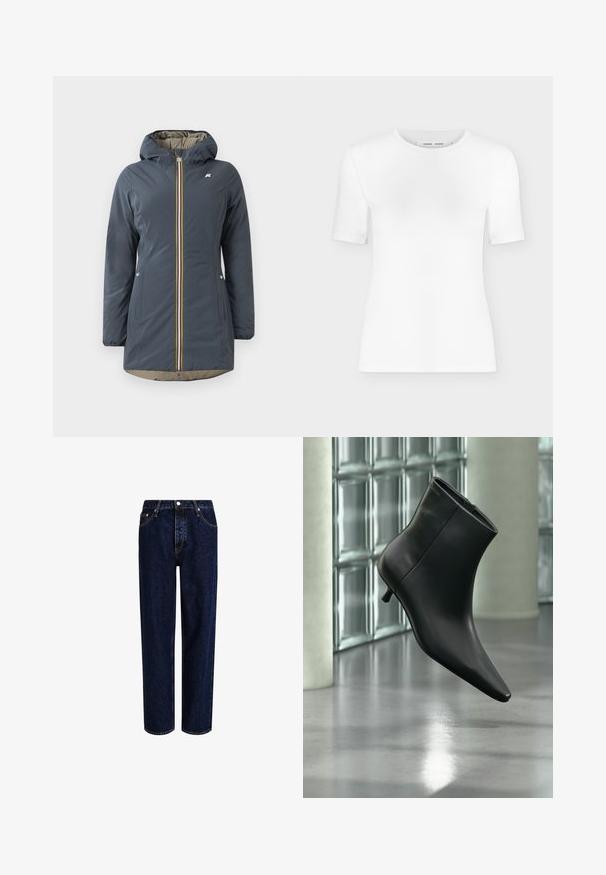 Marineblå isoleret jakke med hætte, frontlynlås og farverig stribet accent. Har sidelommer og en beige foring.; Hvid T-shirt med rund hals, korte ærmer, slank pasform og ribbet stofstruktur, vist på en ensfarvet lys grå baggrund.; Mørkeblå denim jeans med lige ben-design, der har høj talje, fem-lomme-stil og kontrastsyninger. Ingen dekorationer.; Sort læderankelstøvle med spids tå og lav kitten-hæ, vist vinklet mod en poleret gulv- og glasblokvæg.