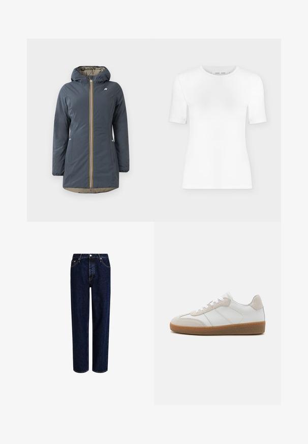 Marineblå isoleret jakke med hætte, frontlynlås og farverig stribet accent. Har sidelommer og en beige foring.; Hvid T-shirt med rund hals, korte ærmer, slank pasform og ribbet stofstruktur, vist på en ensfarvet lys grå baggrund.; Mørkeblå denim jeans med lige ben-design, der har høj talje, fem-lomme-stil og kontrastsyninger. Ingen dekorationer.; Hvide lædersneakers med beige ruskindsdetaljer, struktureret tunge og gummisål. Har hvide snørebånd og diskrete stikninger.