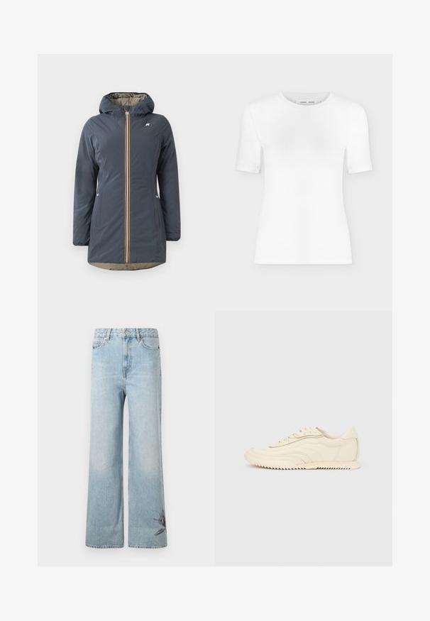 Marineblauwe geïsoleerde jas met een capuchon, voorrits en kleurrijke gestreepte accenten. Bevat zijzakken en een beige voering.; Wit T-shirt met korte mouwen en een ronde hals, een slanke pasvorm en geribbelde stof, weergegeven op een effen lichtgrijze achtergrond.; Lichtblauwe wijde denim jeans met een vervaagde textuur en bloemenborduurwerk detail op het onderste deel van het linkerpant.; Low-profile sneaker in crèmekleur met golvende stiksels, vetersluiting en een geribbelde zool, zijaanzicht tegen een effen achtergrond.