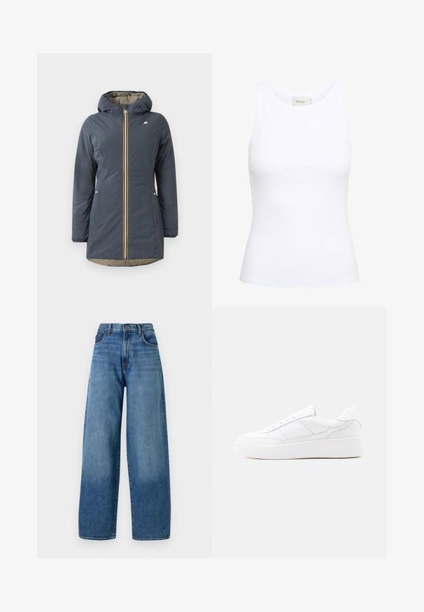 Marineblå isoleret jakke med hætte, frontlynlås og farverig stribet accent. Har sidelommer og en beige foring.; Hvid ribbet tanktop med rund halsudskæring og uden ærmer. Strækbart stof og tætsiddende design. Etiketten bagpå viser "GESTUZ."; Bredde ben blå denimjeans med et klassisk fem-lomme design. Har en knaplukning og let falmning for tekstur.; Hvid lavtop-sneaker med tyk sål, snørelukning og diskrete syningsdetaljer på en ensfarvet lys baggrund.