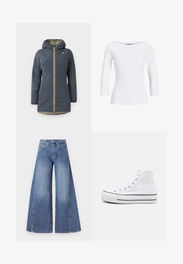 Chaqueta aislante de color azul marino con capucha, cremallera frontal y acento de rayas coloridas. Cuenta con bolsillos laterales y un forro beige.; Top blanco de manga larga con cuello barco. La tela es suave, ajustada y presenta un acabado limpio en los puños y el dobladillo.; Jeans de pierna ancha en azul claro. Fabricados en algodón texturizado, con una cintura alta, bolsillos frontales y costuras laterales distintivas.; Zapatillas altas blancas de material de lienzo, con suela de goma negra y una franja negra en el mediopie. Punta circular y diseño de cordones.