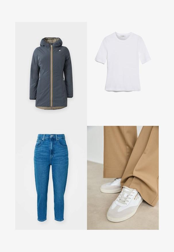 Marineblauwe geïsoleerde jas met een capuchon, voorrits en kleurrijke gestreepte accenten. Bevat zijzakken en een beige voering.; Witte korte mouwen t-shirt van ribstof. Ronde halslijn, normale pasvorm en subtiele stiksels. Geen patronen of grafische elementen.; Hoge taille blauwe spijkerbroek met een voorknop en rits, vijf-pocket ontwerp en toelopende rechte pijpen op een witte achtergrond.; Witte sneakers met suède accenten, gestructureerde veters en een rubberen zool. Gecombineerd met losse beige broek. Logo zichtbaar aan de zijkant.