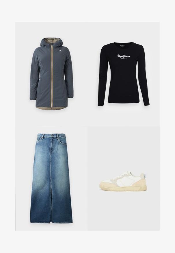 Marineblauwe geïsoleerde jas met een capuchon, voorrits en kleurrijke gestreepte accenten. Bevat zijzakken en een beige voering.; Zwarte langwerpige T-shirt van katoen, met een ronde halslijn en een wit "Pepe Jeans LONDON" logo in het midden.; Denim rok in een licht naar donkerblauw gradient, met een voorzijde split, standaard tailleband en een rechte snit met gezoomde randen.; Witte en beige sneaker met een bovenwerk van suède en textiel, voorzien van contrasterende stiksels, een rubberen zool en een lichtblauwe accenten op de hiel.