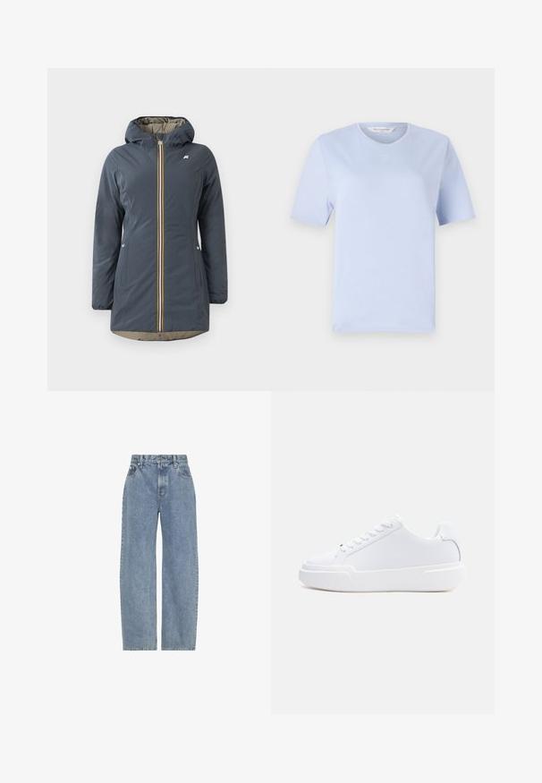 Marineblå isoleret jakke med hætte, frontlynlås og farverig stribet accent. Har sidelommer og en beige foring.; Lyseblåt T-shirt med kortærmer lavet af blød bomuld. Har en rund halsudskæring og et lille broderet logo på brystet.; Lysblå jeans i høj talje med lige, brede ben, forlommer, bæltestropper og lukning med knap og lynlås.; Hvid lavtop-sneaker med snørelukning, tyk sål og glat overdel, vist fra ydersiden mod en ensartet lys baggrund.