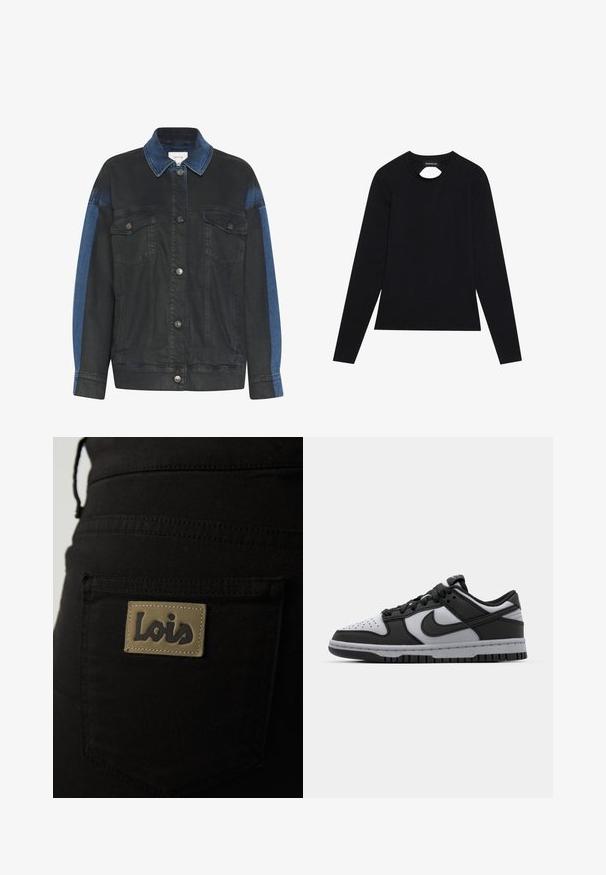 Veste en denim avec un corps noir et des accents bleus sur les épaules, deux poches avant et des boutons-pression argentés. Design texturé et décontracté.; Chemise noire à manches longues en tissu doux, avec un col rond et un petit décolleté à l'avant.; Pantalons en tissu noir dotés d'une poche arrière avec une étiquette beige embossée du mot "Lois" en lettres foncées. Détails de couture visibles.; Baskets basses Nike Dunk noires et grises avec un bout perforé, des accents en cuir lisse et une semelle en caoutchouc avec un motif de traction texturé.