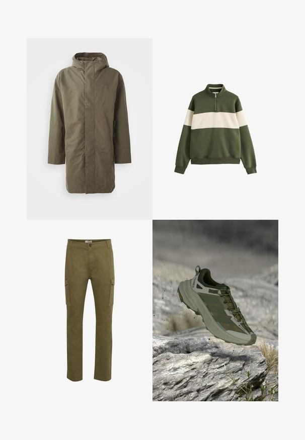 Olivgrüne wasserdichte Jacke mit Kapuze, langen Ärmeln, geradem Schnitt und verdecktem Frontverschluss. Weiche Textur und minimalistisches Design.; Grüner Sweatshirt mit einem weißen horizontalen Streifen über der Brust. Verfügt über einen Halbzip-Kragen und einen weichen, strukturierten Stoff.; Grüne Cargo-Hosen mit geradem Schnitt, ausgestattet mit zwei Seitentaschen, einem Knopfverschluss und genähten Details auf der Stoffoberfläche.; Terrex Trailrunning-Schuh in Olivgrün. Verfügt über ein atmungsaktives Mesh-Obermaterial, verstärkte Zehenpartie und eine robuste Sohle für guten Halt auf felsigem Untergrund.