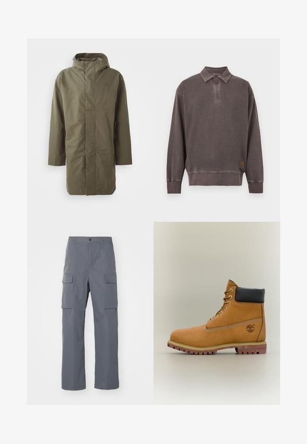 Olivengrøn vandtæt jakke med hætte, lange ærmer, lige snit og skjult frontlukning. Glat tekstur og minimalistisk design.; Langærmet mørkegrå pullover sweatshirt med kvart lynlås og krave, ribstrikkede manchetter og kant, samt lille logopatch nær nederste kant.; Grå cargo-bukser lavet af holdbart stof. Funktioner inkluderer en elastisk talje, to store sidelommer og en lige benudskæring.; Brun læderankelstøvle med sort krave, gule snørebånd og tanfarvet sål. Har logo og hvide syninger som detalje. Robust ydersål med greb.