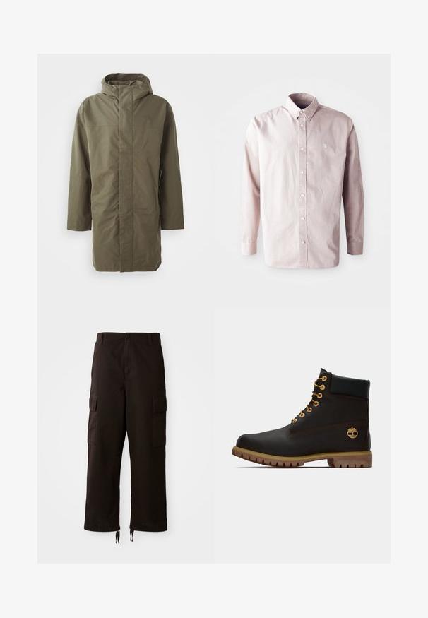 Chaqueta impermeable verde oliva con capucha, mangas largas, corte recto y cierre frontal oculto. Textura suave y diseño minimalista.; Camisa de manga larga rosa claro, de botón, hecha de algodón, con un collar clásico, botones frontales y un pequeño logo en el lado izquierdo del pecho.; Pantalones cargo negros con un corte relajado, que cuentan con dos bolsillos laterales, cierre de botón y cuerdas ajustables en el dobladillo.; Bota de cuero negro de tobillo con ojales dorados, acentos marrones y suela de goma. Presenta un cuello acolchado y un logotipo en relieve en el costado.