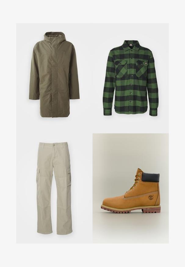 Chaqueta impermeable verde oliva con capucha, mangas largas, corte recto y cierre frontal oculto. Textura suave y diseño minimalista.; Camisa de franela a cuadros verde y negra con dos bolsillos en el pecho, cierre de botones, mangas largas y cuello puntiagudo. Textura suave.; Pantalones cargo de color caqui claro, confeccionados en algodón, con piernas amplias, dos bolsillos laterales y un cierre de botón en la cintura. Textura suave.; Bota de tobillo de cuero marrón con cuello negro, cordones amarillos y suela beige. Presenta un logotipo y detalles de costura blanca. Suela exterior con tracción robusta.