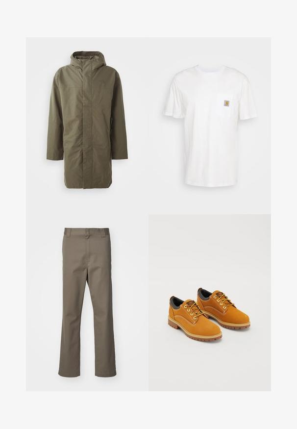 Chaqueta impermeable verde oliva con capucha, mangas largas, corte recto y cierre frontal oculto. Textura suave y diseño minimalista.; Camiseta de algodón blanca con mangas cortas, un bolsillo en el pecho y un pequeño parche cuadrado de logo en naranja y blanco en el bolsillo.; Pantalones rectos marrones con pasadores para cinturón, cremallera frontal y sin bolsillos visibles, mostrados sobre un fondo blanco.; Zapatos de ante marrón con punta redonda, cordones amarillos, un collar acolchado negro y suelas de goma con surcos de tracción.