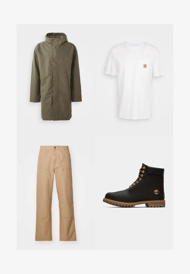 Chaqueta impermeable verde oliva con capucha, mangas largas, corte recto y cierre frontal oculto. Textura suave y diseño minimalista.; Camiseta de algodón blanca con mangas cortas, un bolsillo en el pecho y un pequeño parche cuadrado de logo en naranja y blanco en el bolsillo.; Pantalones de pierna ancha beige hechos de lona, con bolsillos frontales, detalles en dorado y un diseño de frente plano.; Bota de cuero negro de tobillo con ojales dorados, acentos marrones y suela de goma. Presenta un cuello acolchado y un logotipo en relieve en el costado.