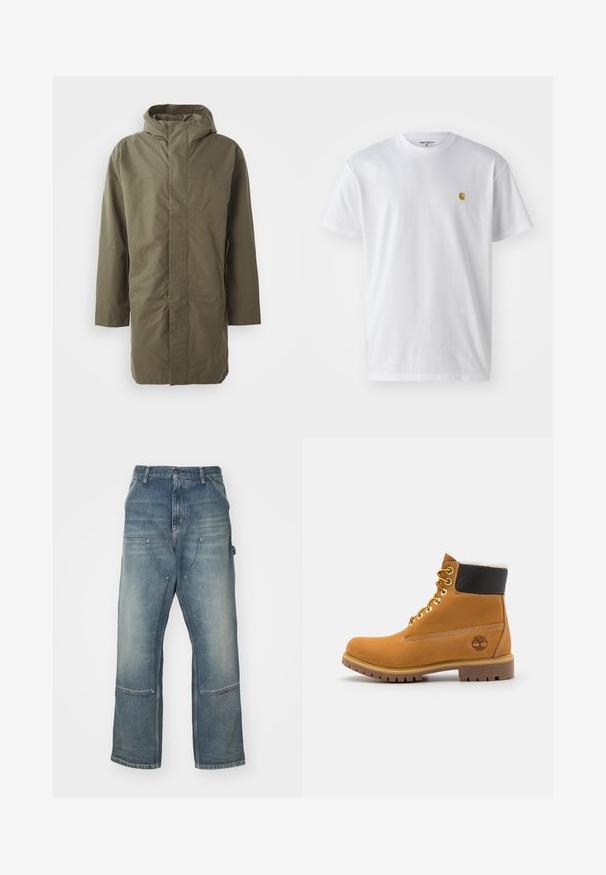 Olivengrøn vandtæt jakke med hætte, lange ærmer, lige snit og skjult frontlukning. Glat tekstur og minimalistisk design.; Hvid bomulds t-shirt med korte ærmer, rund hals og et lille guld logo på venstre brystområde. Blød tekstur og almindelig pasform.; Lysblå jeans med afslappet pasform, lavet af denim. Har vide ben, store forlommer og kontraststing-detaljer.; Brune læder ankelstøvle med metaløjer, hvid pelsforing, sort polstret krave, robust sål og præget logo på siden.