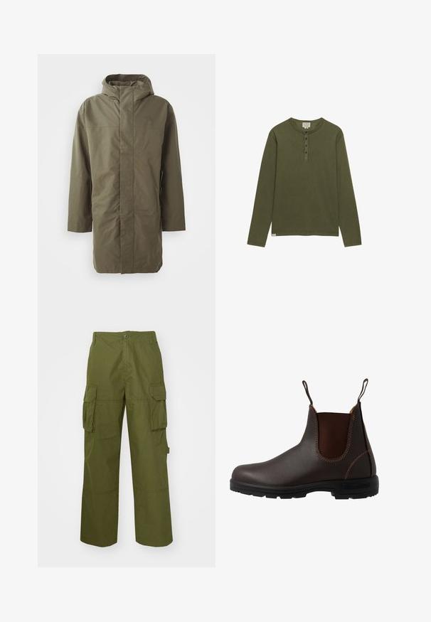 Chaqueta impermeable verde oliva con capucha, mangas largas, corte recto y cierre frontal oculto. Textura suave y diseño minimalista.; Camisa henley de manga larga en verde oliva con cuatro botones negros y cuello redondo, mostrada sobre un fondo blanco.; Pantalones cargo color verde oliva hechos de un tejido duradero, que cuentan con dos bolsillos laterales, un corte relajado y un cierre de botón en la cintura.; Bota Chelsea de cuero marrón con panel elástico lateral, costuras marrones, tiradores y suela de goma resistente con un patrón texturizado.