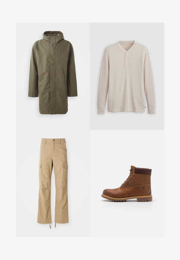 Olijfgroene waterdichte jas met capuchon, lange mouwen, een rechte snit en verborgen voorkleur. Glad textuur en minimalistisch ontwerp.; Lange mouwen henley-shirt in lichtbeige ribbelstof, met een V-hals, een drieknoopsluiting en manchetten. Rode logo-label aan de onderkant.; Khaki cargobroek gemaakt van duurzaam materiaal, met meerdere zijzakken, een rechte pijpdesign en verstelbare koorden aan de zoom.; Bruine leren wandelschoen met een gladde afwerking, gevoerde enkel, metalen oogjes en een rubberen zool met een robuust profiel.