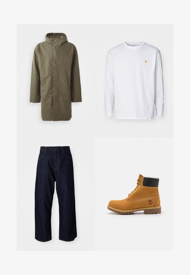 Chaqueta impermeable verde oliva con capucha, mangas largas, corte recto y cierre frontal oculto. Textura suave y diseño minimalista.; Camiseta de manga larga blanca de algodón. Cuenta con un pequeño logo dorado en el pecho y un cuello redondo. Diseño simple y corte estándar.; Pantalones de mezclilla azul oscuro con un corte relajado, que cuentan con una cremallera de botón, trabillas para cinturón y costuras y bolsillos con pespuntes amarillos.; Botín de cuero marrón con ojales de metal, forro de piel sintética blanca, cuello acolchado negro, suela resistente y logotipo en relieve en el costado.