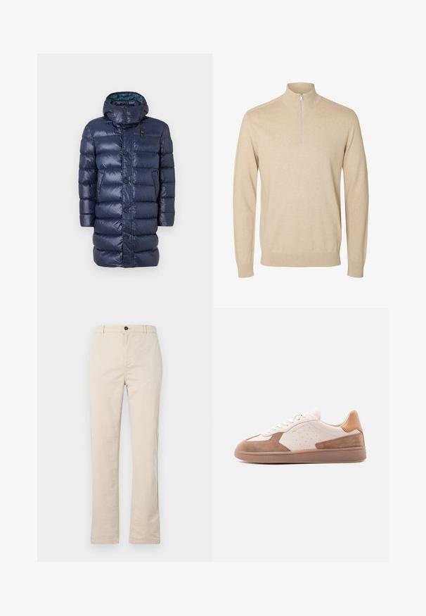 Marineblauwe pufferjas met een glanzende textuur, voorzien van een hoge kraag, knopen aan de voorkant en zijzakken. Het ontwerp bevat horizontaal doorgestikte delen.; Beige trui met lange mouwen, een hoge kraag en een korte rits middenvoor.; Lichtbeige katoenen broek met een rechte pijpdesign, voorzien van een knoopsluiting aan de voorkant, een ritssluiting en minimale stikdetails.; Witte en beige lage sneaker met suède details, geperforeerde zijkanten, witte veters en een getextureerde gumzool, zijaanzicht op een witte achtergrond.