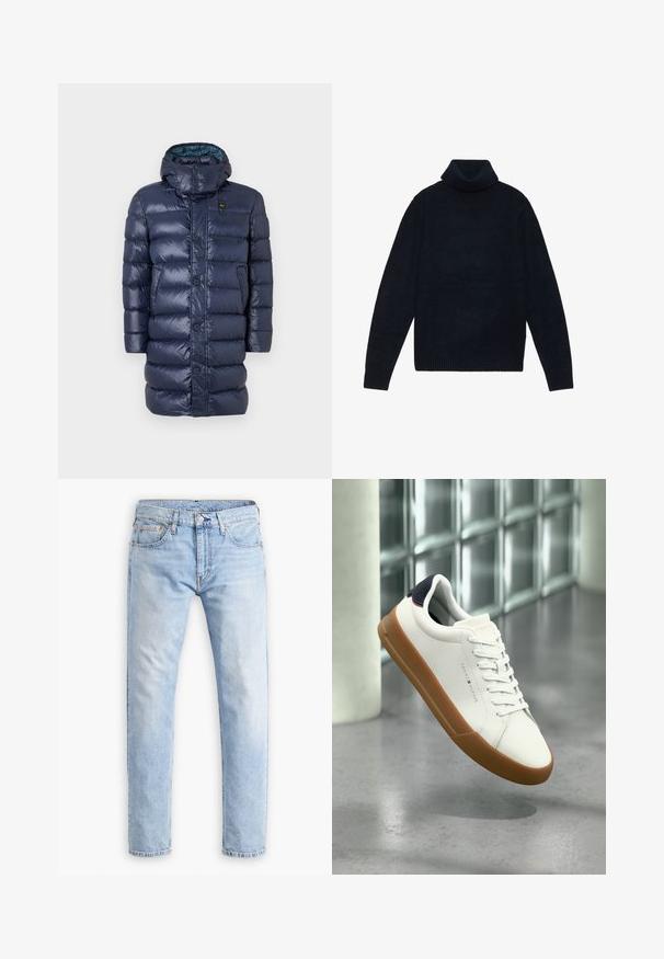 Marineblauwe pufferjas met een glanzende textuur, voorzien van een hoge kraag, knopen aan de voorkant en zijzakken. Het ontwerp bevat horizontaal doorgestikte delen.; Navy turtleneck sweater van zachte brei stof, met een geribde kraag en manchetten, een relaxte pasvorm en een minimalistisch ontwerp.; Lichtblauwe denim jeans met een rechte snit, vijf zakken en oranje stiksels, met een knoop- en ritssluiting.; Witte lage sneaker met een bruine zool en een zwart hielstuk, zwevend boven een grijze vloer in een moderne binnenomgeving.