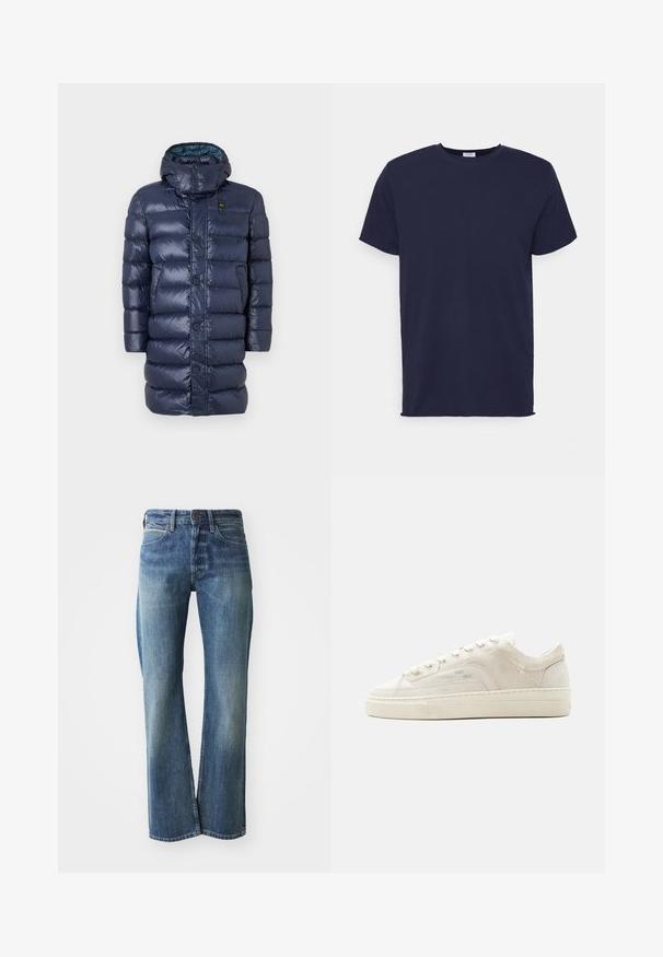 Marineblauwe pufferjas met een glanzende textuur, voorzien van een hoge kraag, knopen aan de voorkant en zijzakken. Het ontwerp bevat horizontaal doorgestikte delen.; Navyblauwe T-shirt met korte mouwen van zachte stof. Heeft een ronde hals en een rechte snit zonder patronen of accenten.; Denim jeans in een licht tot gemiddeld blauwe kleur, met een recht gesneden pijp, klassiek vijf-pocket ontwerp en subtiele vervaging aan de voorkant.; Witte lage sneaker met vetersluiting, gestructureerd stoffen bovenwerk en dikke rubberen zool, gezien vanaf de buitenkant op een effen achtergrond.