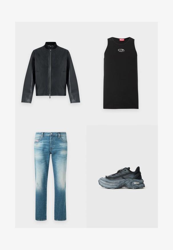 Veste bomber en cuir noir avec fermeture éclair frontale, col côtelé et deux poches latérales.; Débardeur noir sans manches en coton. Présente un col rond et un petit logo Diesel blanc sur la poitrine. Texture lisse.; Jean droit pour homme de couleur bleu moyen délavé avec léger effet usé et conception classique à cinq poches.; Baskets Diesel noires et grises avec semelle épaisse, système de laçage à bascule et design texturé sur fond gris clair uni.